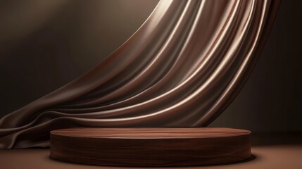 3d rendered empty wooden podium stage with curtain waving above