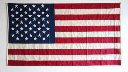  an American flag hanging on a wall in a room The flag is composed of thirteen alternating red and white stripes and fifty white stars on a blue field