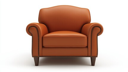  an orange leather armchair on a white background The armchair has a classic design with a curved back and armrests, and is upholstered in a warm, inviting orange l