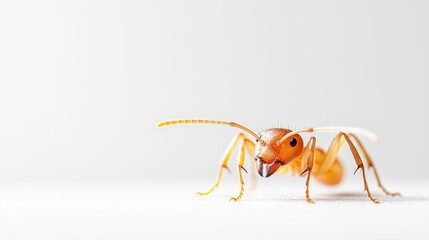  a close up of an orange ant on a white surface The ant is the focus of the image, with its bright orange color standing out against the stark white background