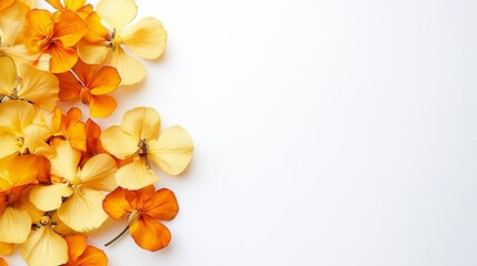 Obraz premium a vibrant display of yellow pansies on a crisp white background, creating a beautiful contrast between the two colors The petals of the pansies are a bright, cheer