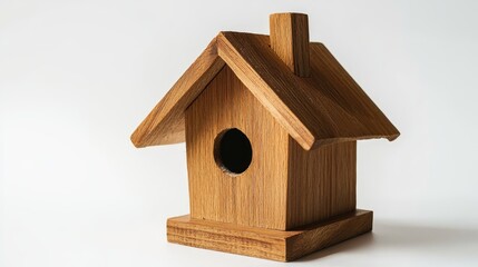  a small wooden birdhouse sitting atop a white table The birdhouse is made of wood and has a rustic, natural look to it It has a slanted roof and a small window on