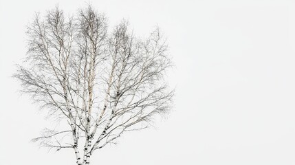 Fototapeta premium a lone birch tree standing in the middle of a field, its branches reaching up towards the sky Its white bark stands out against the blue sky, creating a stark cont