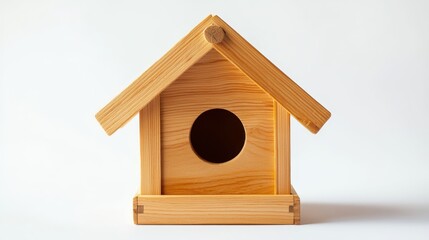  a wooden birdhouse on a white background It is a small, rectangular box with a slanted roof and a small window on the front The wood is a light brown color and th