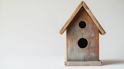  a small wooden birdhouse sitting atop a white surface The birdhouse is made of wood and has a rustic, weathered look to it, with a few scratches and dents visible