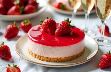 Cake in the shape of a heart, decorated with ripe strawberries. Champagne in glasses. Concept for Valentine's Day, Mother's Day, Birthday