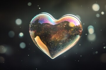 A close-up of a heart-shaped soap bubble floating in the air with a rainbow sheen,