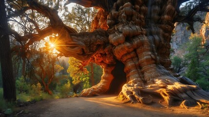 A large tree with a hole in it and a sun shining on it
