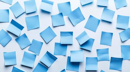  a pile of blue post-it notes on a white background The notes are arranged in a scattered manner, with some overlapping each other The blue color of the notes stan