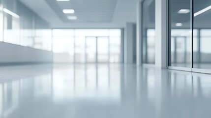  an empty hallway with white walls and glass doors, illuminated by lights on the ceiling The background is slightly blurred, giving the image a dreamy feel