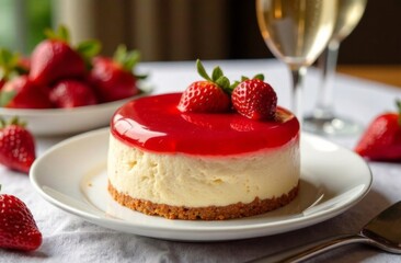 Cake in the shape of a heart, decorated with ripe strawberries. Champagne in glasses. Concept for Valentine's Day, Mother's Day, Birthday