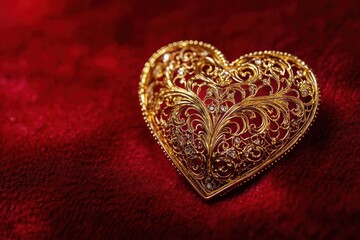 A close-up of a heart-shaped gold brooch on a red velvet background, with intricate filigree detailing,