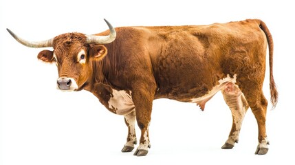  a brown cow with long horns standing on a white background Its coat is a mix of brown and white, and its horns are curved and long