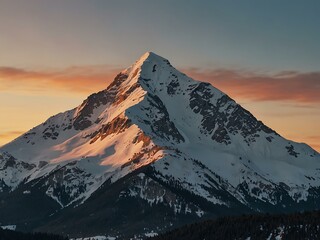 Breathtaking view of a snowy mountain peak at sunset, with soft hues.