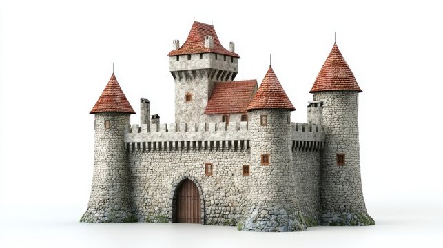  a 3D model of a medieval castle with turrets and a door, set against a white background The castle is rendered in 3D, giving it a realistic look and feel