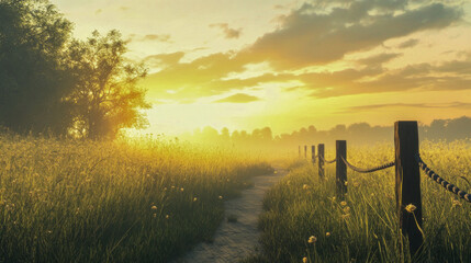 Fototapeta premium Idyllic sunrise over countryside path lined with trees and wildflowers