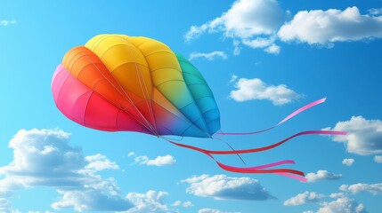 Obraz premium A Vibrant Rainbow Kite Soaring High Above the Clouds in a Stunning Blue Sky