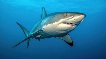 Fototapeta premium Majestic Great White Shark Swimming Gracefully in Clear Blue Ocean Waters, Showcasing Sharp Teeth and Powerful Body, Symbol of Marine Life and Ocean Ecosystem