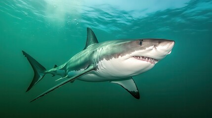 Naklejka premium Majestic Great White Shark Swimming Gracefully in Clear Ocean Waters, Captured in Stunning Detail While Exploring Underwater Environment