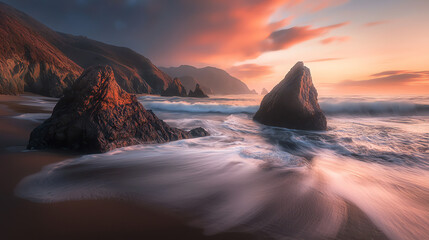 Long-exposure capture of crashing waves and towering rocks at sunset on a serene beach