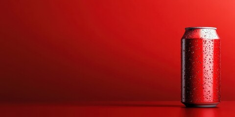 A refreshing red soda can with water droplets on a vibrant red background.