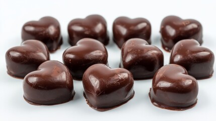  a group of heart-shaped chocolates on a white background The chocolate is a rich, dark brown color, and the background is a bright, crisp white