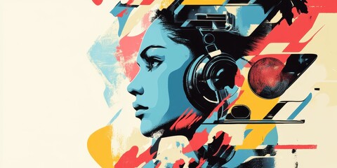 A vibrant illustration of a woman enjoying music through colorful digital art.