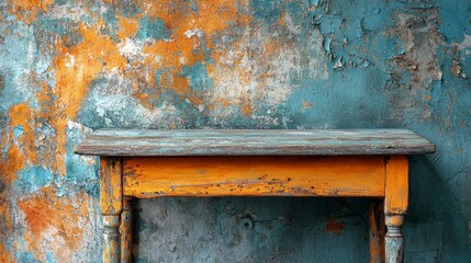 A rustic wooden table against a textured blue and orange wall, showcasing vintage charm.
