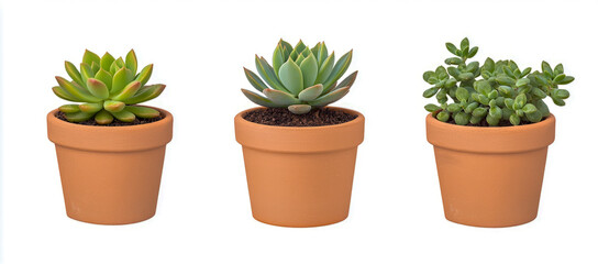 Fototapeta premium Variety of succulents in terracotta pots on white background