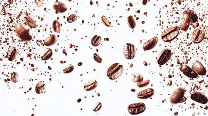 Obraz premium coffee beans flying in the air against a white background The beans are a deep brown color and appear to be freshly roasted The contrast between the white backgro