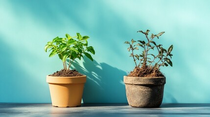 Fresh Basil and Wilting Herb Plants Beside Each Other Against a Light Blue Wall in a Sunlit Indoor Garden Space