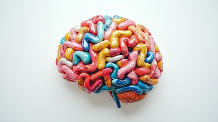  a colorful model of a human brain on a white background It is a representation of the human brain, with its various parts and structures clearly visible The color