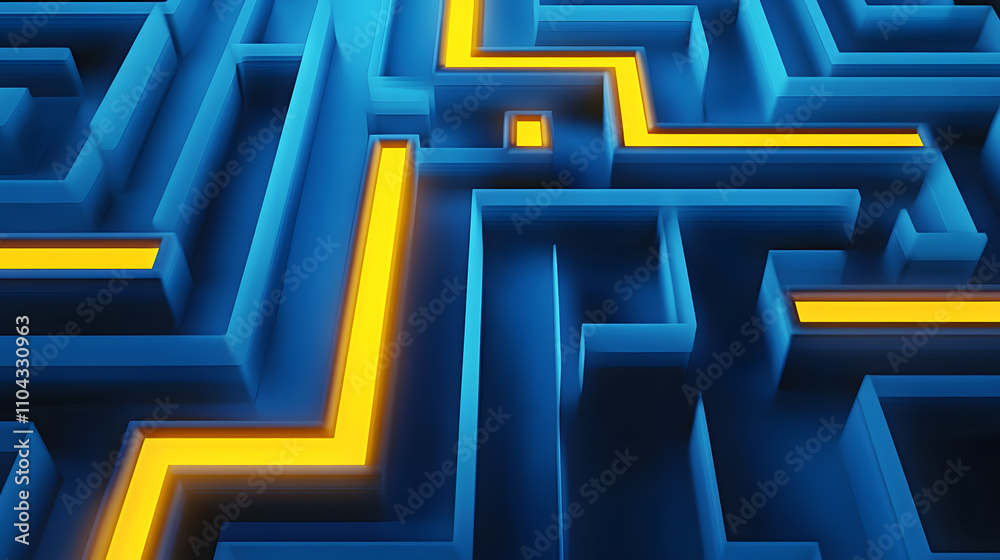 Wall mural a labyrinth maze with a glowing yellow path on a blue background suggesting a concept of problem sol