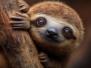 Fototapeta premium A close-up of an adorable sloth peering curiously from a tree branch, showcasing its unique fur and captivating eyes in a natural setting that evokes warmth.