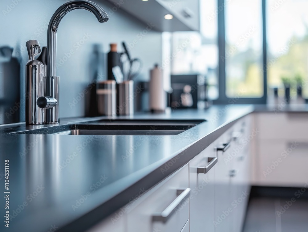 Poster the composition features a stylish modern kitchen cabinet with a polished chrome handle, showcasing 