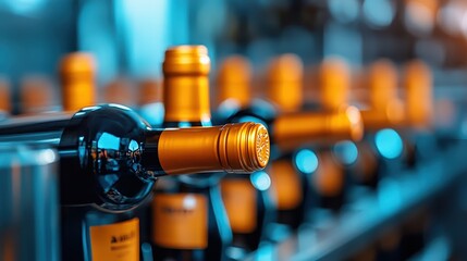 Fototapeta premium A stunning arrangement of wine bottles with eye-catching orange caps, elegantly displayed in a modern setting, showcasing both style and the allure of fine wines.