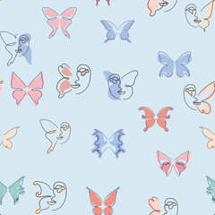 Woman face Continuous line seamless pattern. Abstract Female portrait with Butterfly. Drawing vector Wallpaper, fabric, wrapping paper, card, poster