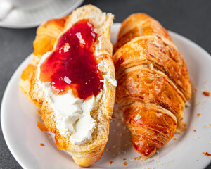 Croissant with jam French toast fresh tasty food dish Delicious gourmet food background on the table rustic food top view copy space