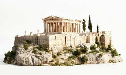 Ancient temple ruins atop rocky hill, greenery.