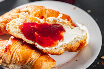 Croissant with jam French toast fresh tasty food dish Delicious gourmet food background on the table rustic food top view copy space