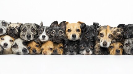 Fototapeta premium a large group of small dogs of various colors and sizes looking at the camera against a white background