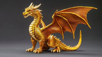 Fototapeta premium a gold dragon figurine sitting atop a black surface The dragon is intricately detailed with scales, wings, and a long tail Its eyes are wide and alert, and its mo