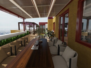 terraza con vistas y zona chillout y zona comedor con pergolas 