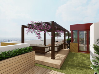 terraza con vistas y zona chillout y zona comedor con pergolas 