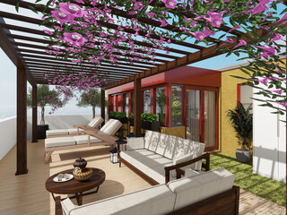 terraza con vistas y zona chillout y zona comedor con pergolas 
