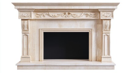 Fototapeta premium a white marble fireplace mantel with intricate carvings on it, set against a white background
