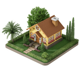 Aerial view of cottage style tiny yellow house surrounded by garden isolated on transparent background 3d render