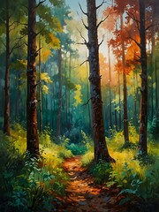 Obraz premium Bright landscape painting of a forest in an impressionistic style.