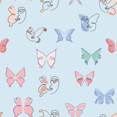 Woman face Continuous line seamless pattern. Abstract Female portrait with Butterfly. Drawing vector Wallpaper, fabric, wrapping paper, card, poster