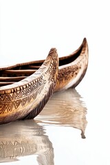 Fototapeta premium Two carved wooden boats float, reflecting in still water.